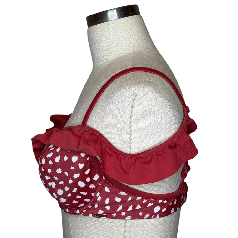 PANACHE Mila Bikini Top Women 36DD Red Polka Dot Retro Ruffle Underwire - Picture 2 of 7